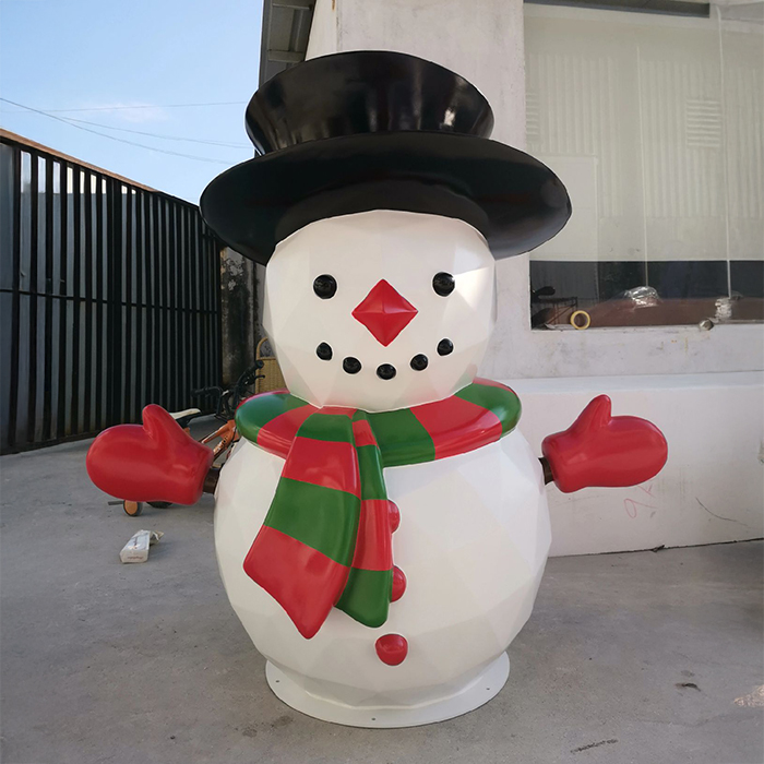 Fiberglass Snowman Christmas Statue with black hat, red gloves and striped scarf