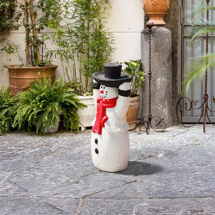 Fiberglass Snowman Figurines on Sale showing a white snowman with a red scarf and black top hat