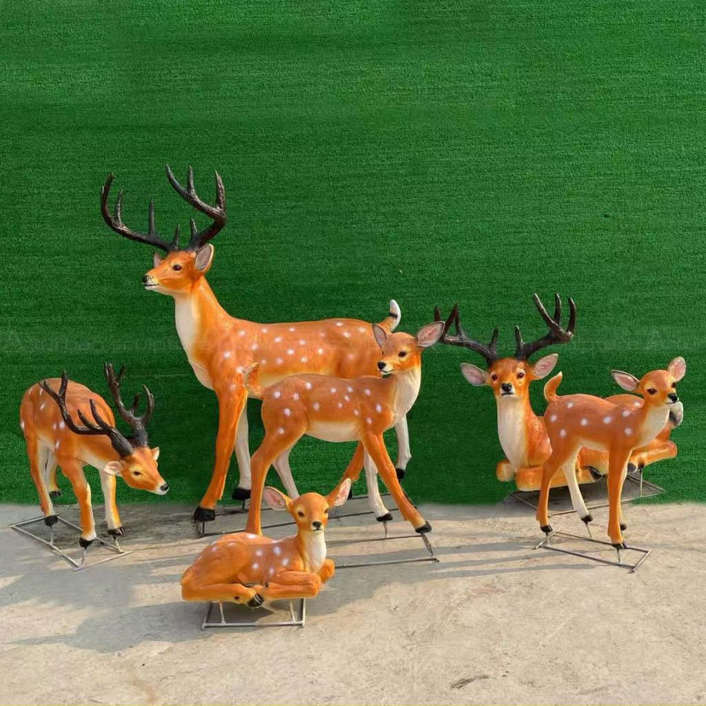 Fiberglass sika deer sculptures in various poses