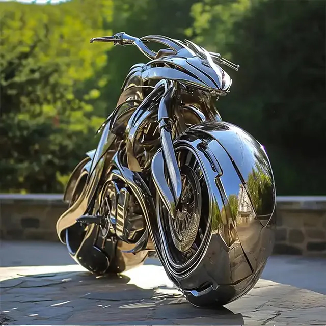 Futuristic Motorcycle Garden Statue in stainless steel featuring aerodynamic body