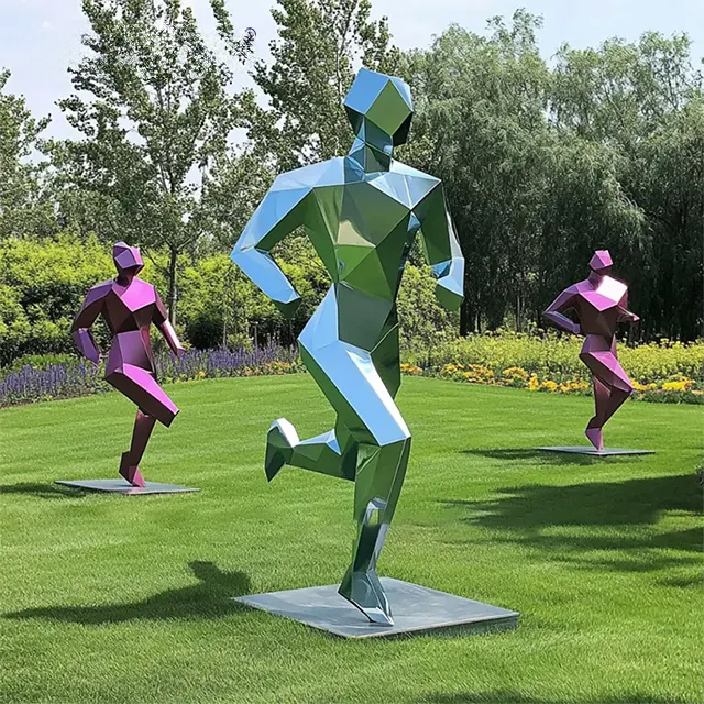 Geometric Running Man Statue in stainless steel featuring colorful surface