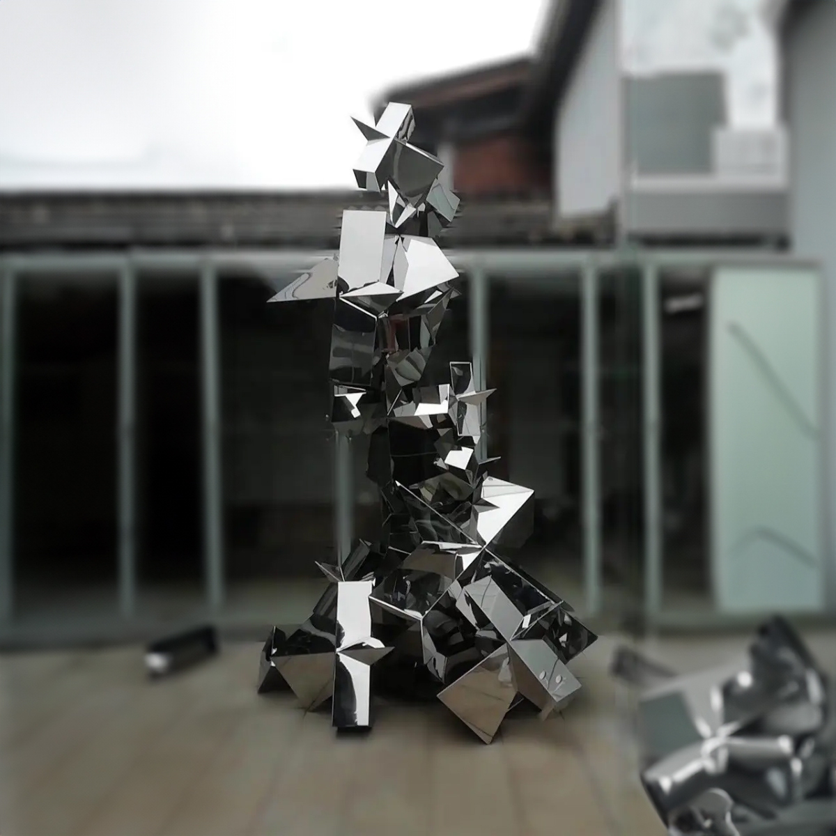 Geometric stainless steel sculpture of an abstract dog form with stacked cubic and polyhedral shapes