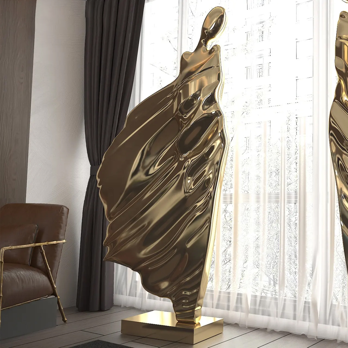 Golden Sculpture Female Figure in stainless steel with flowing dress design