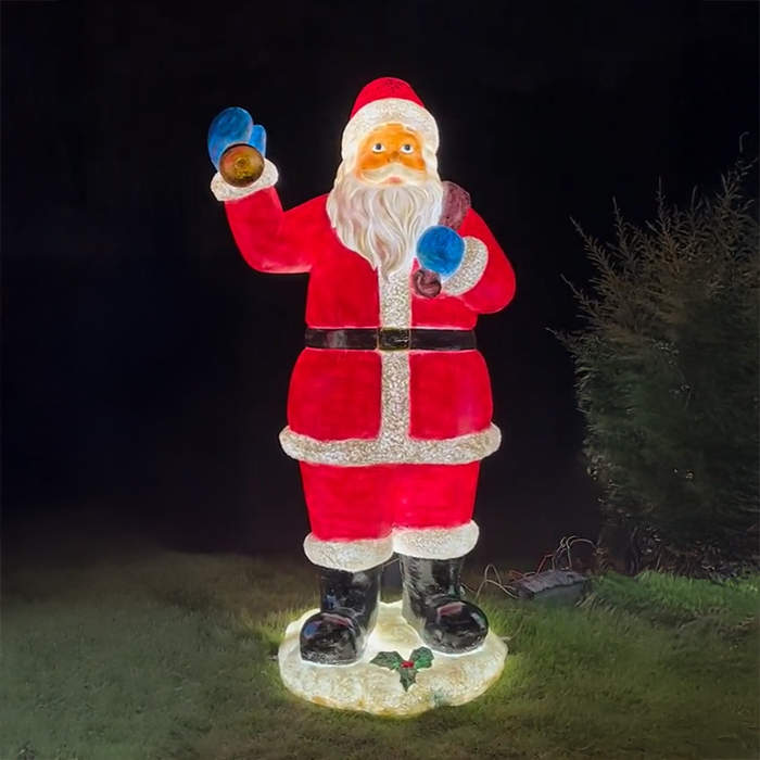 Illuminated fiberglass Christmas Santa Claus Statue holding a bell