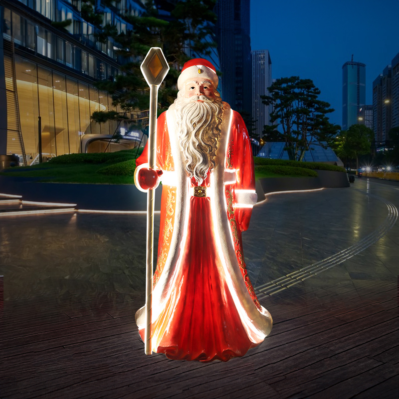 Illuminated fiberglass Old Fashioned Santa Claus Statue with long beard and staff