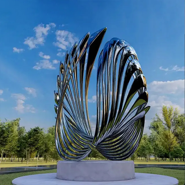 Large Abstract Metal Sculpture in stainless steel with radiating strips