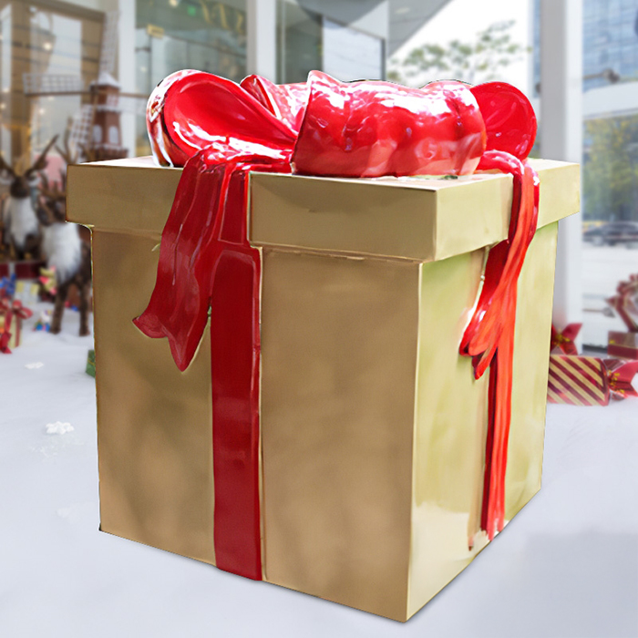 Large Christmas Box Sculpture with red ribbon