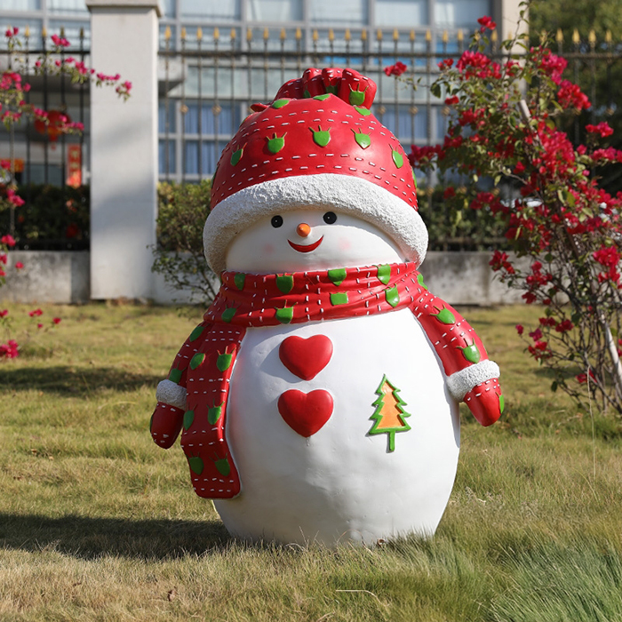Large Resin Snowman Statue Outdoor with red scarf, hearts, and Christmas tree patterns