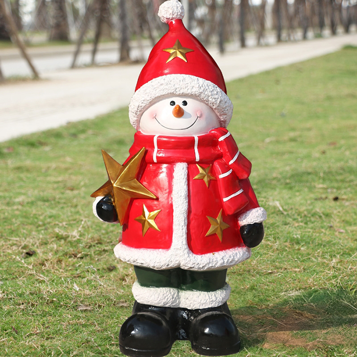 Large Snowman Statue fiberglass sculpture with red coat and golden stars
