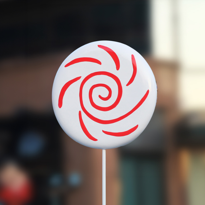 Large Swirl Lollipop Statue fiberglass in minimal white with red swirl lines