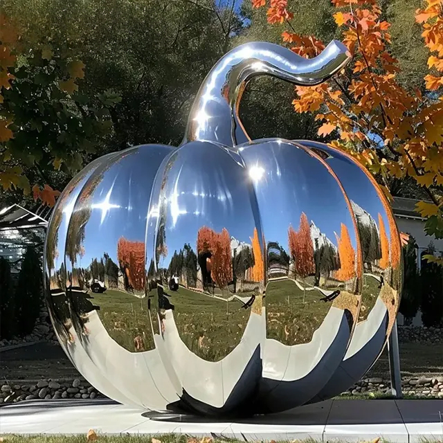 Large stainless steel Metal Pumpkin Sculpture with curved stem