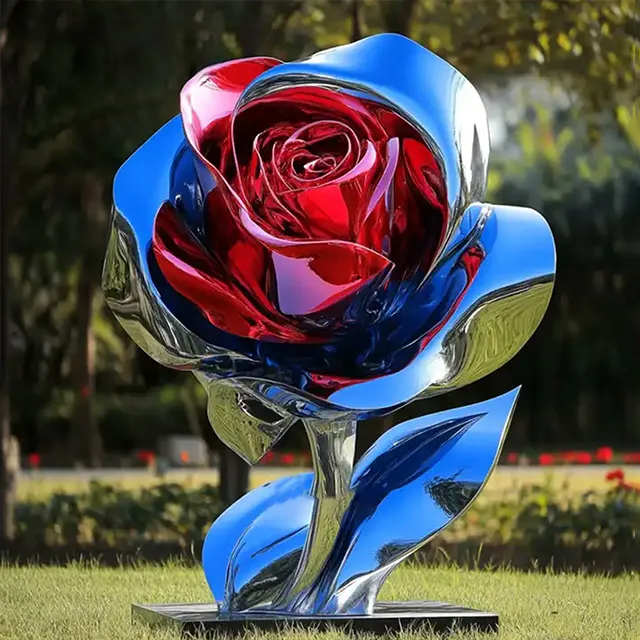 Large stainless steel Rose Garden Sculpture featuring layered red and blue petals