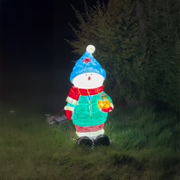 Lighted fiberglass 3 Snowman Outdoor Decoration with green coat snowman