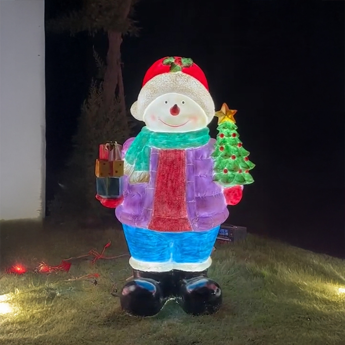 Lighted fiberglass 3 Snowman Outdoor Decoration with red coat snowman