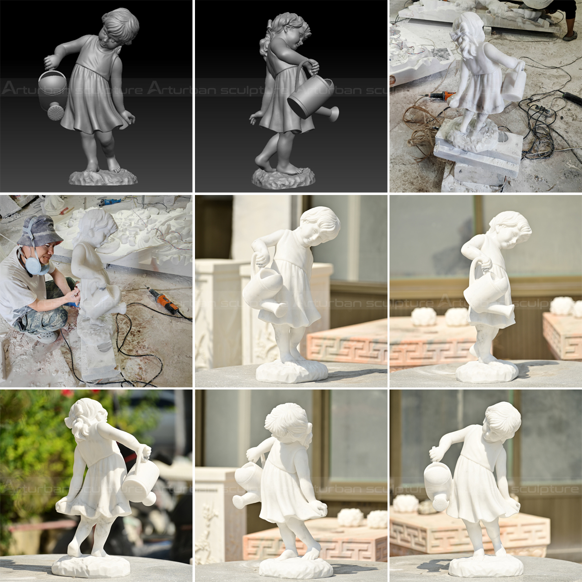 Little Girl with watering can Garden Sculpture showing different angles and carving process