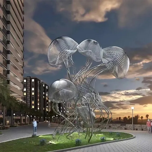 Metal Jellyfish Sculpture in stainless steel with floating dome design and flowing tentacles