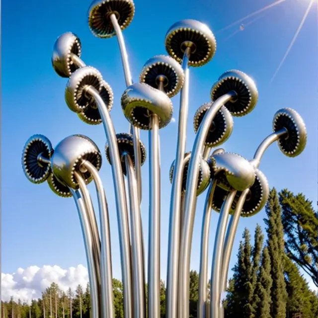 Metal Mushroom Sculpture with polished stainless steel stems