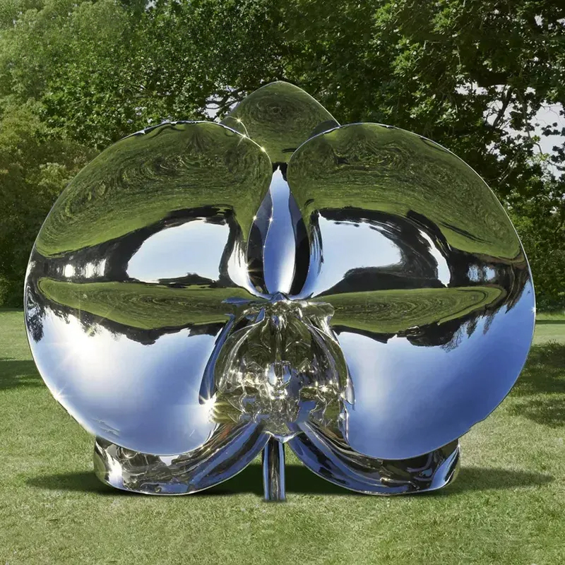 Metal Orchid Sculpture in stainless steel with mirror-polished petals
