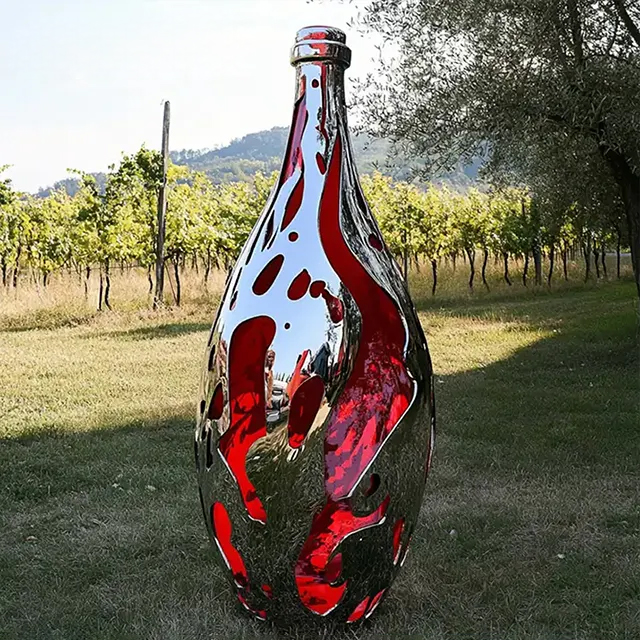 Minimalist red and silver stainless steel champagne Wine Bottle Statue