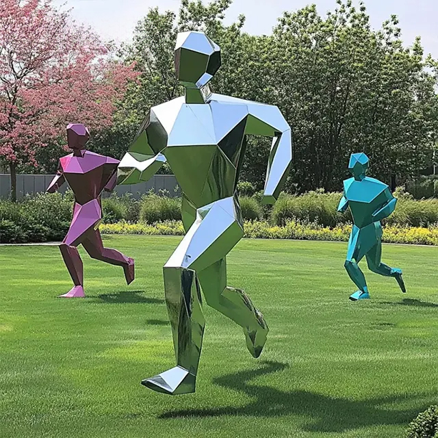 Mirror polished stainless steel Geometric Running Man Statue