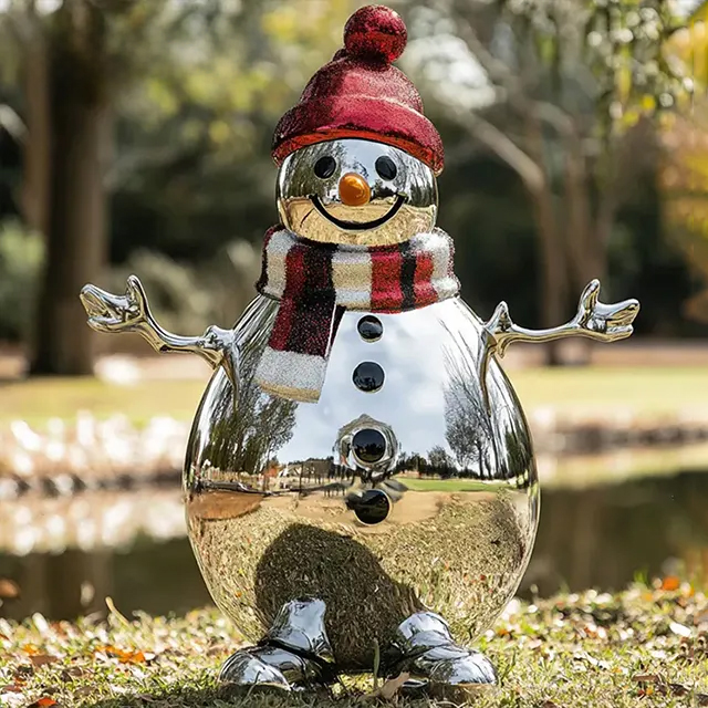 Mirror polished stainless steel Snowman Garden Statue with red hat and striped scarf