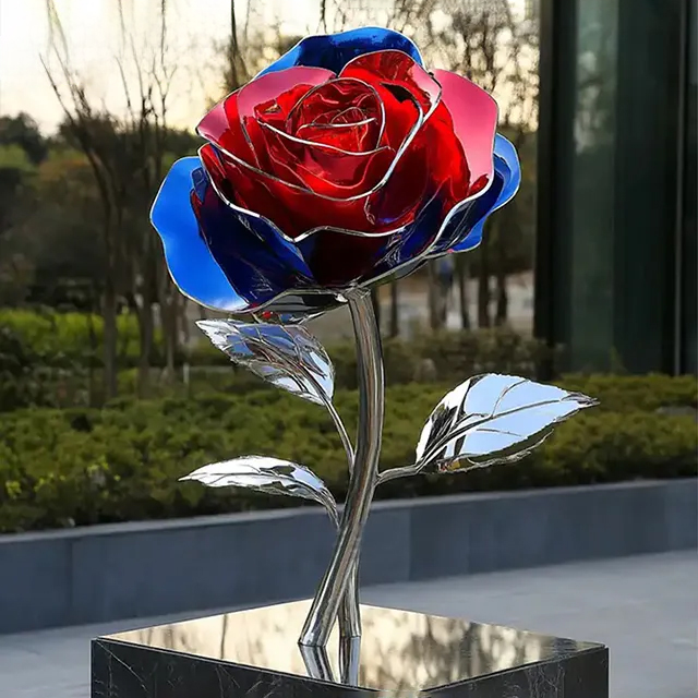 Modern stainless steel Rose Garden Sculpture with vibrant red and blue petals