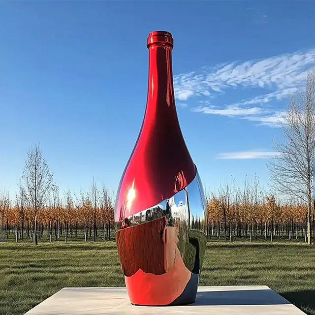 Modern stainless steel Wine Bottle Sculpture in sleek red and silver two-tone finish