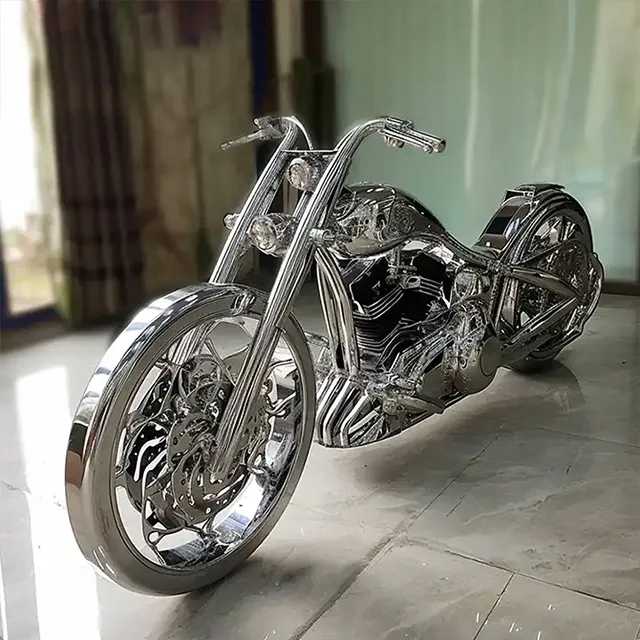 Motorcycle Garden Statue in stainless steel with artistic elongated fork