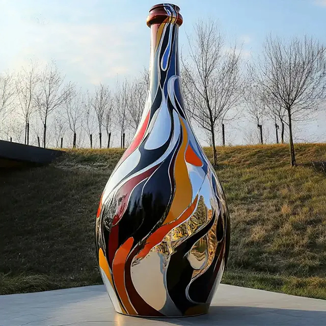 Multicolor painted stainless steel Wine Bottle Statue with flowing abstract lines