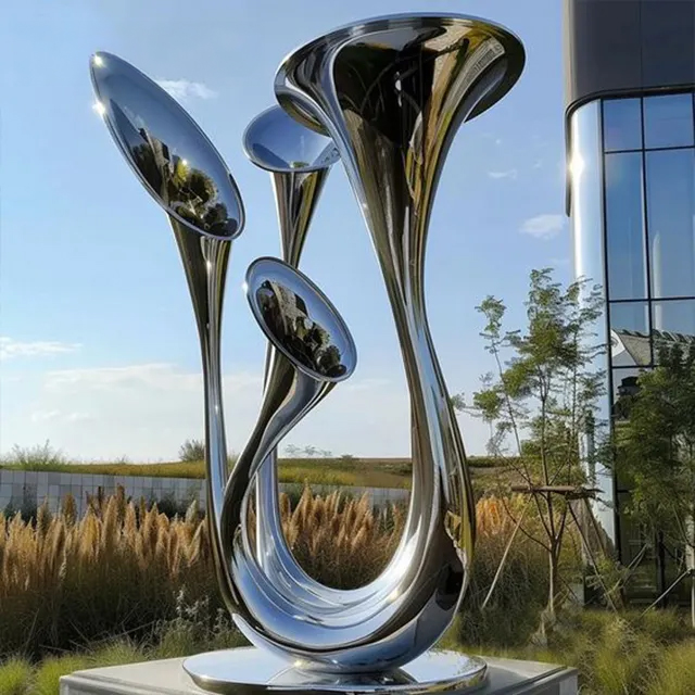 Musical Instrument Sculpture made of polished stainless steel with trumpet-shaped tops