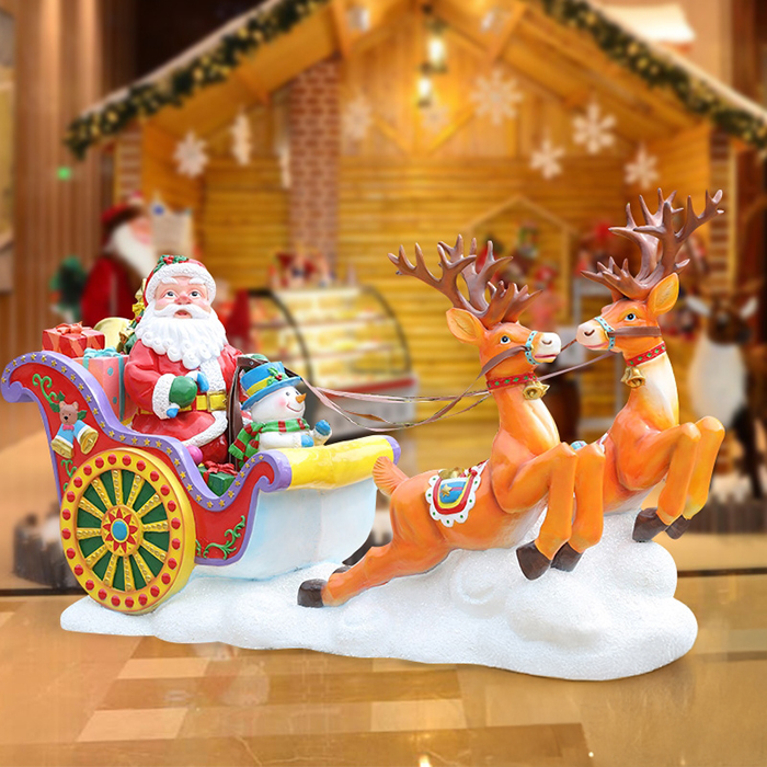 Outdoor Christmas Decorations Santa Sleigh and Reindeer fiberglass sculpture