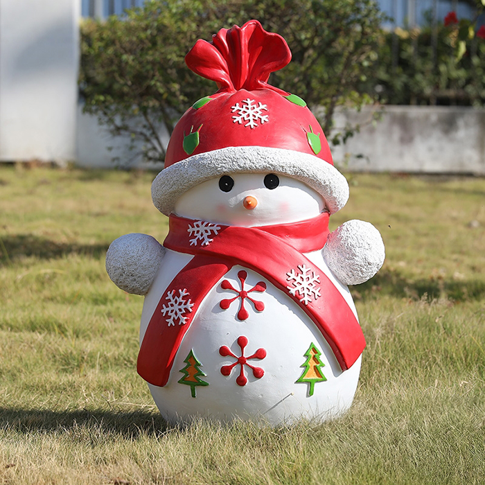 Outdoor Resin Snowman Statue with red hat and scarf