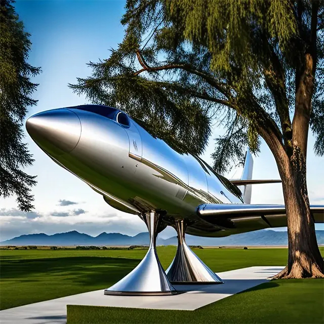Outdoor stainless steel Metal Airplane Sculpture elevated on twin conical bases