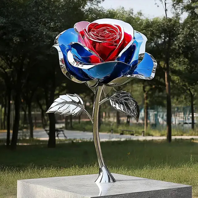 Outdoor stainless steel Rose Garden Sculpture with glossy red inner petals and blue outer petals