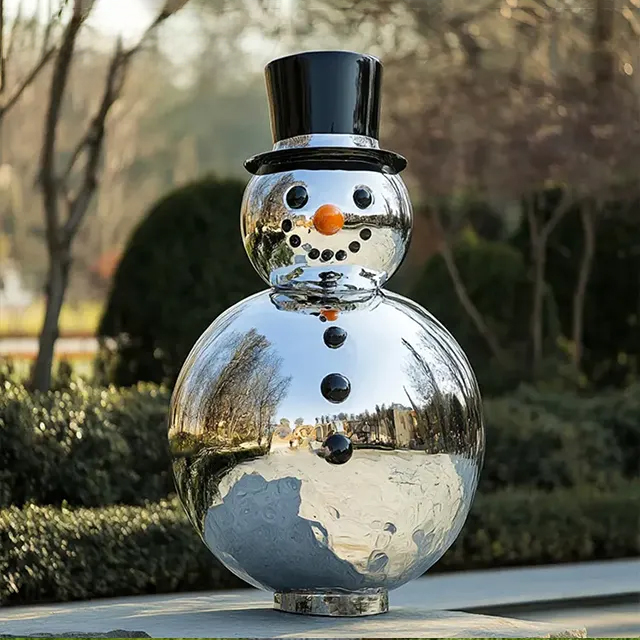 Outdoor stainless steel Snowman Garden Statue with black top hat