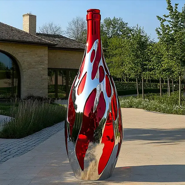 Outdoor stainless steel champagne Wine Bottle Statue featuring red and silver abstract shapes