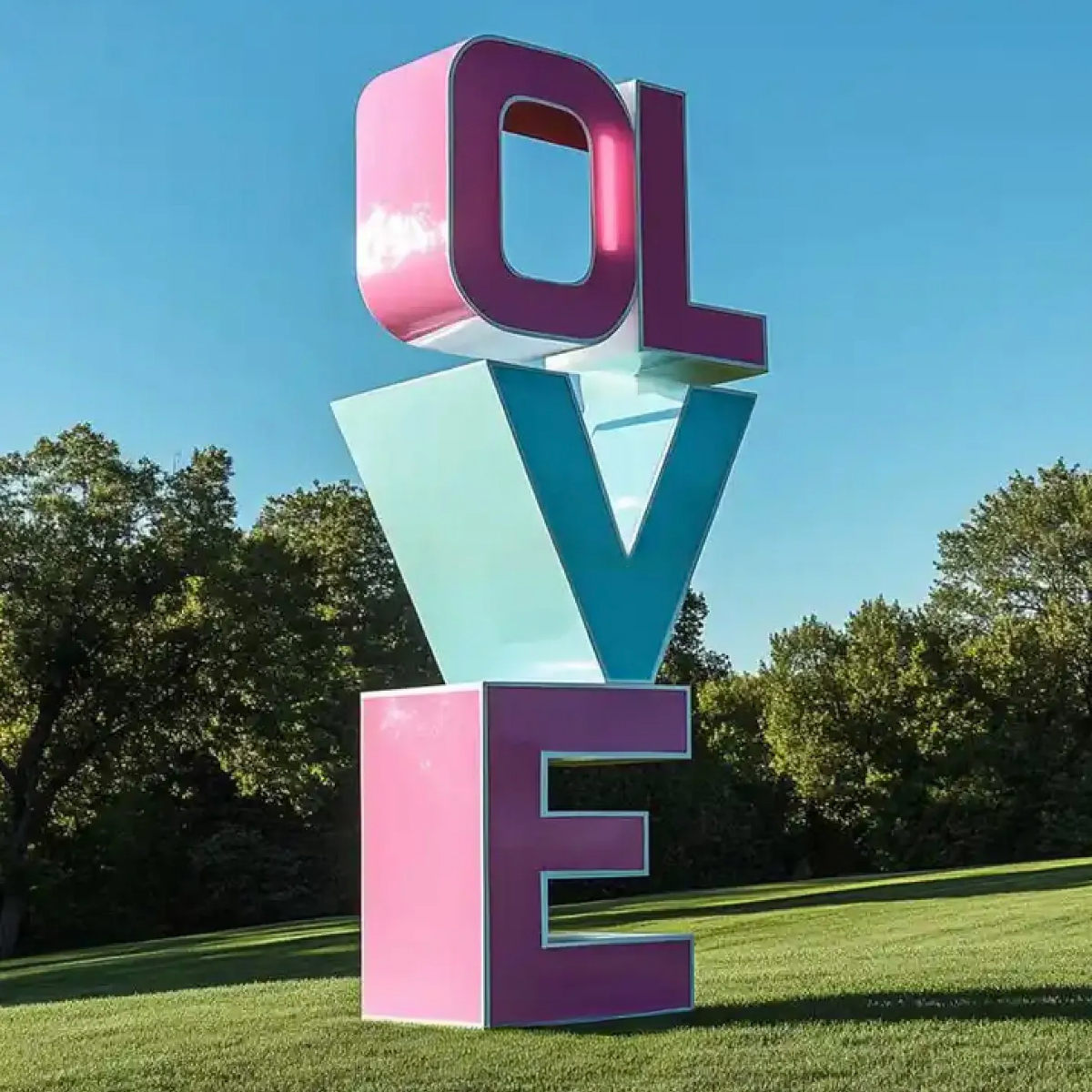 Pink and light-blue stacked stainless steel Love Letter Sculpture arranged as “OL” over “VE