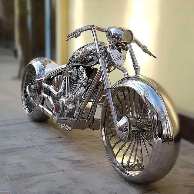 Polished stainless steel Motorcycle Garden Statue with spoke wheels