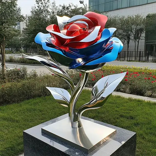 Polished stainless steel Rose Garden Sculpture with detailed leaves and colorful petals