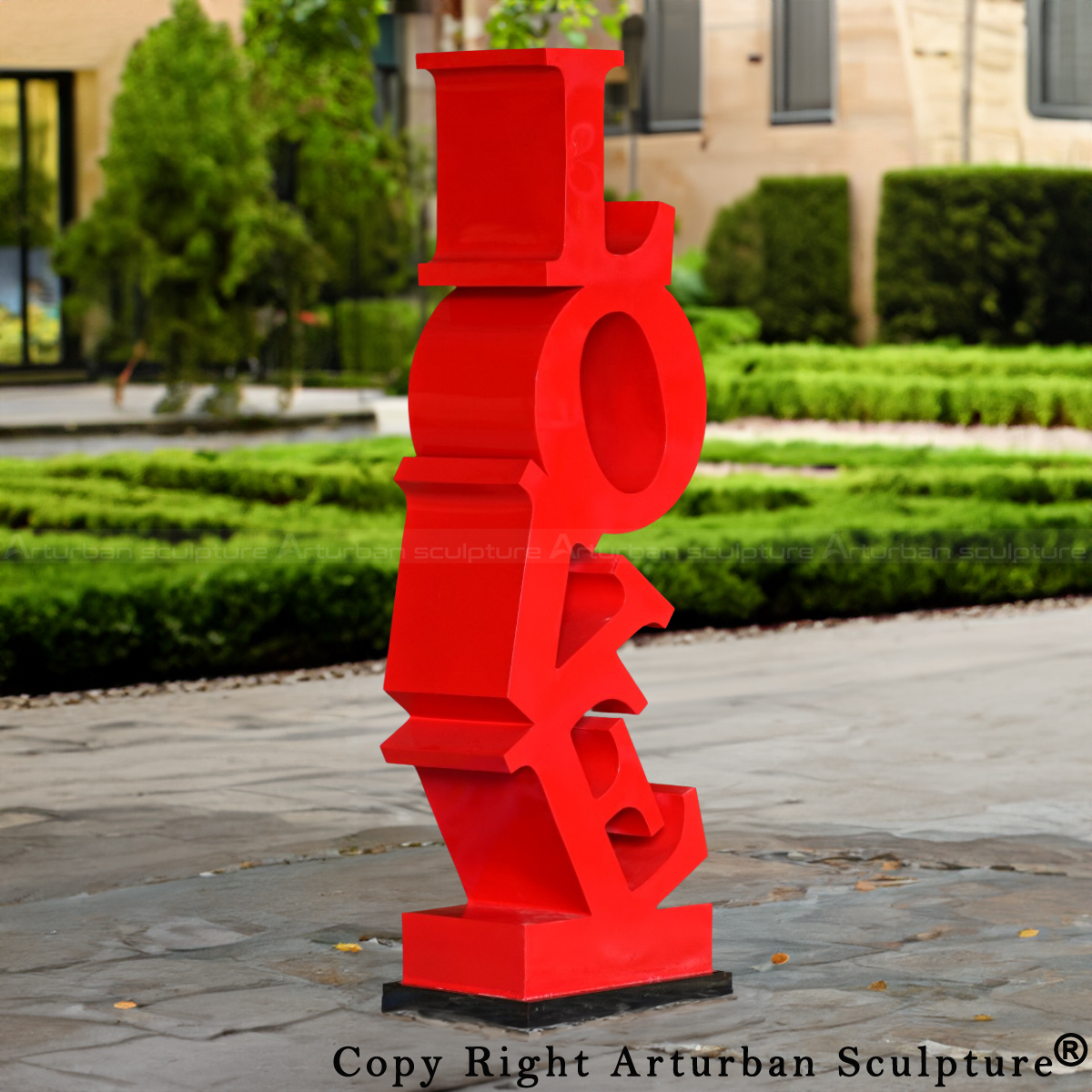 Red Love Statue Art in stainless steel with stacked bold letters L, O, V, E