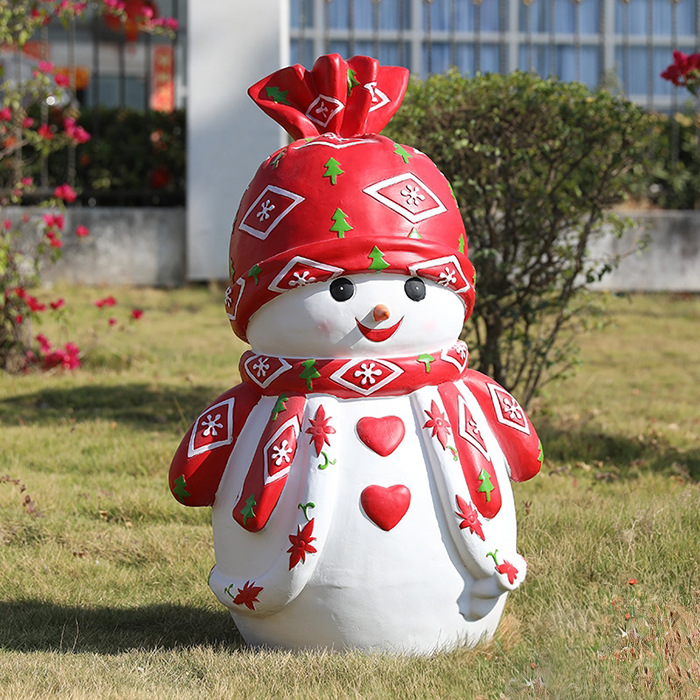 Resin Snowman Statue Outdoor with red hat, scarf, and festive heart