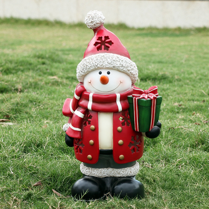 Resin Snowman Statue in a festive red outfit and hat