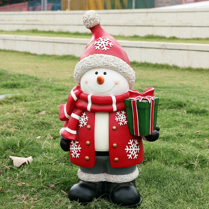 Resin Snowman Statue with a red coat and striped scarf