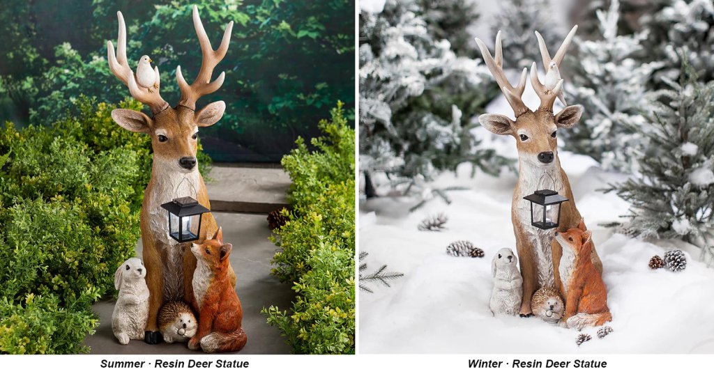 Resin deer statue with animals in summer and winter.