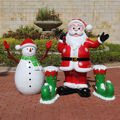 Santa Claus and snowman fiberglass Outdoor Christmas Sculptures with green holiday boots