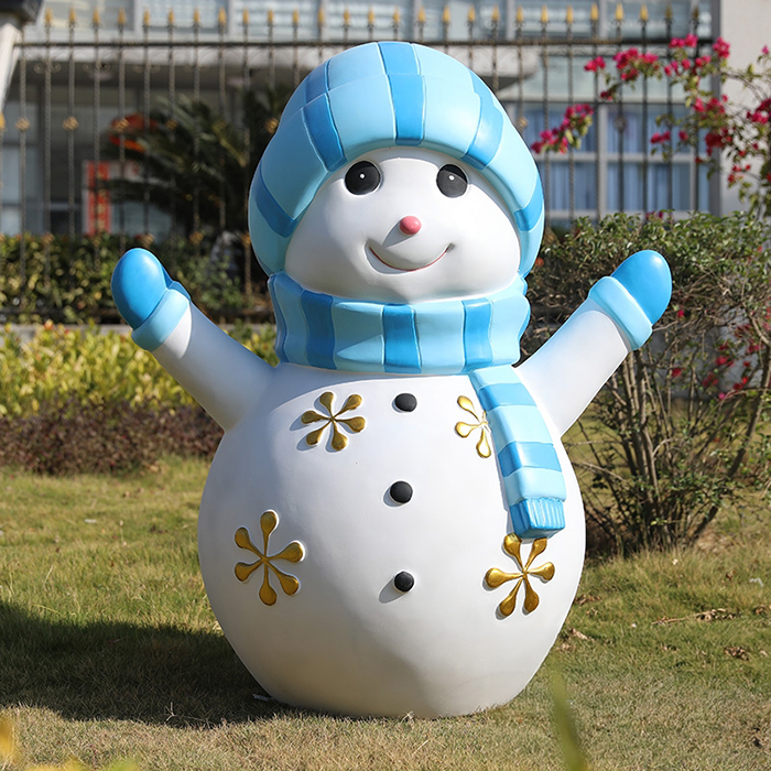 Snowman Garden Ornament fiberglass statue with blue hat and scarf
