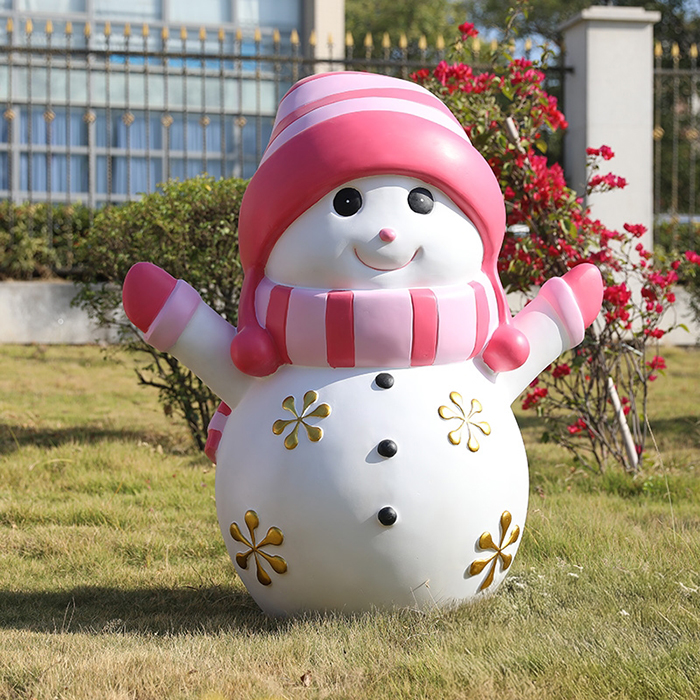 Snowman Garden Ornament fiberglass statue with pink hat and scarf,