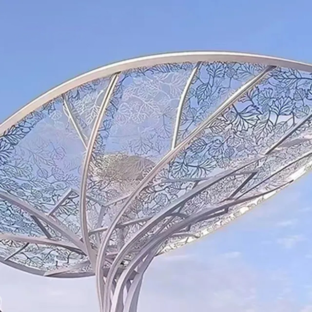 Stainless steel Contemporary Tree Sculpture featuring a leaf-like canopy