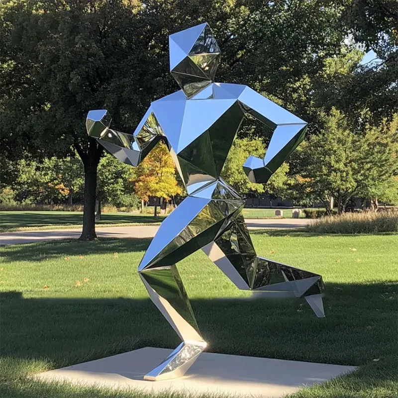 Stainless steel Geometric Running Man Statue with mirror finish and polygonal design