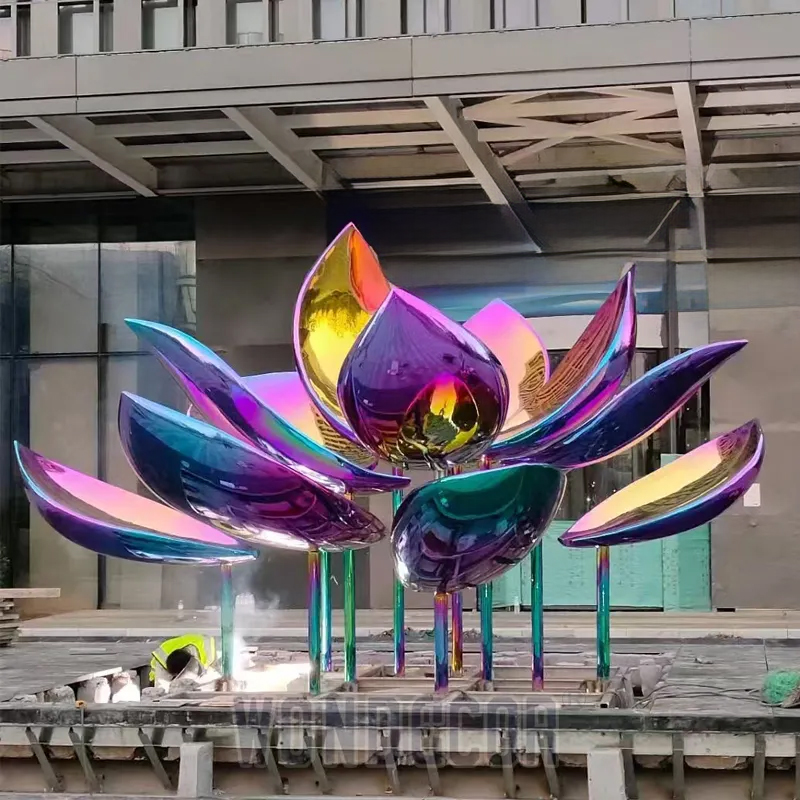 Stainless steel Lotus Flower Garden Sculpture with iridescent gradient petals